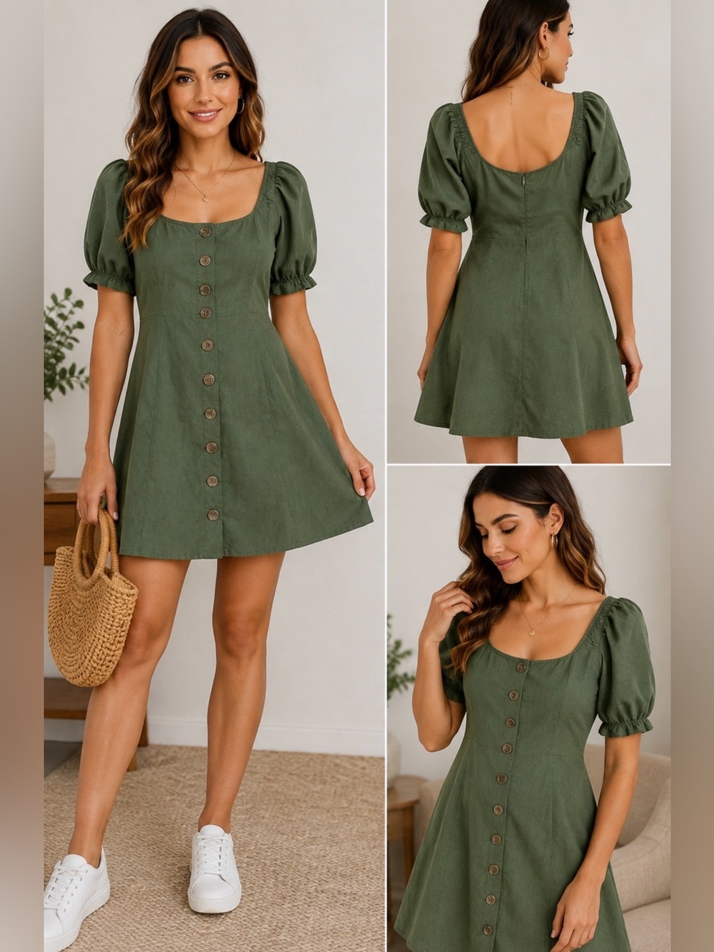 Francesca’s Green Puff Sleeve Button Front Mini Dress Size Small